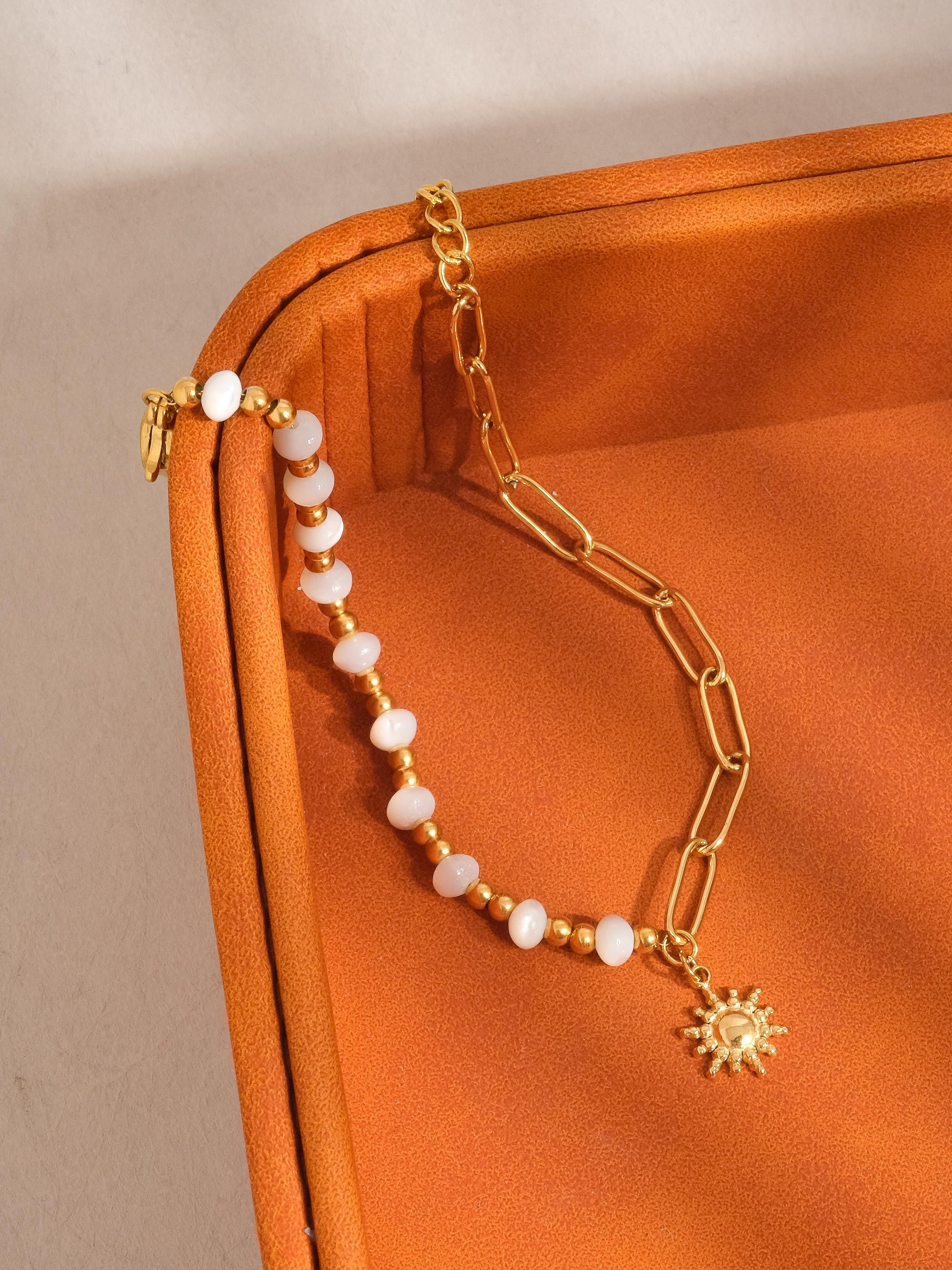 18K Gold Non-Tarnish Sun and Pearl Chain Bracelet