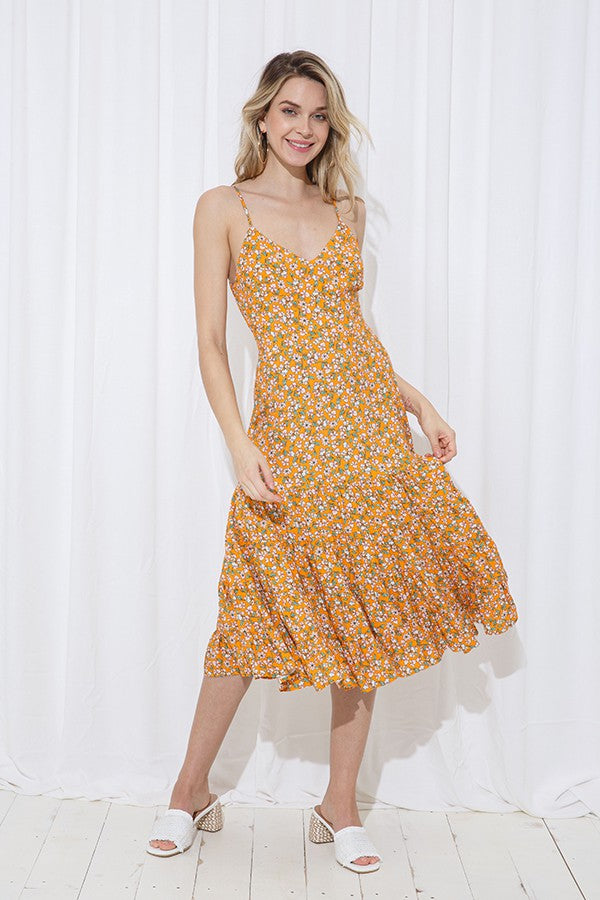 Orange Floral Midi Dress