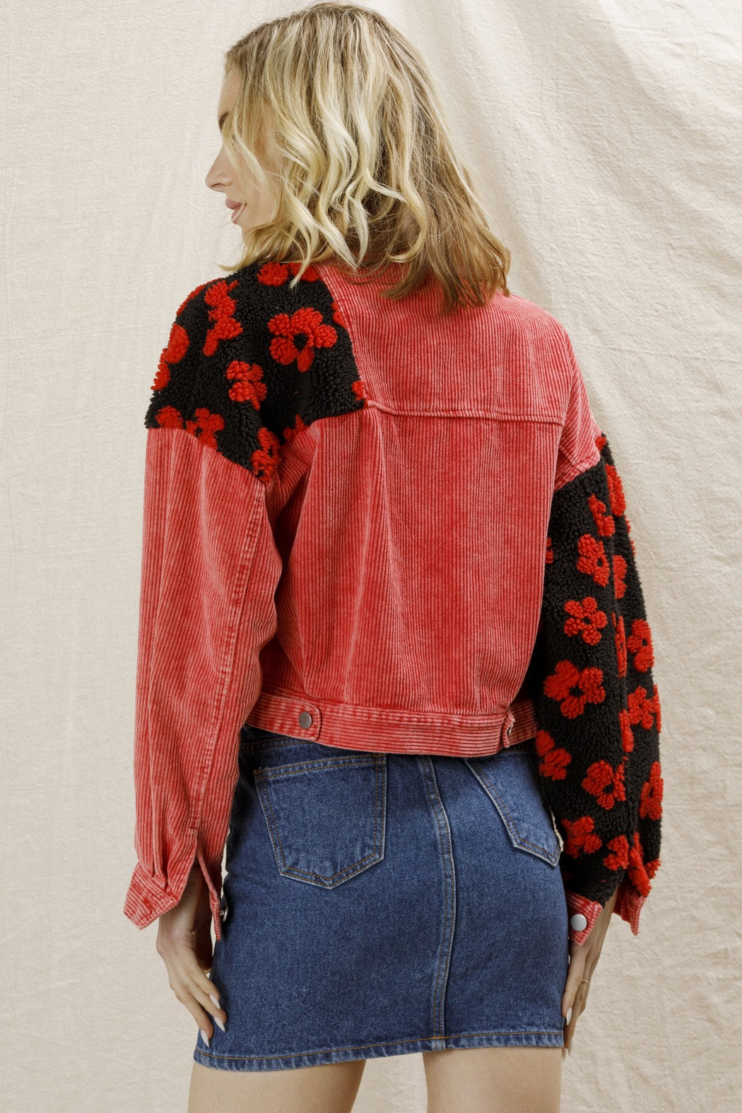 Red & Black Corduroy Flower Pattern Jacket