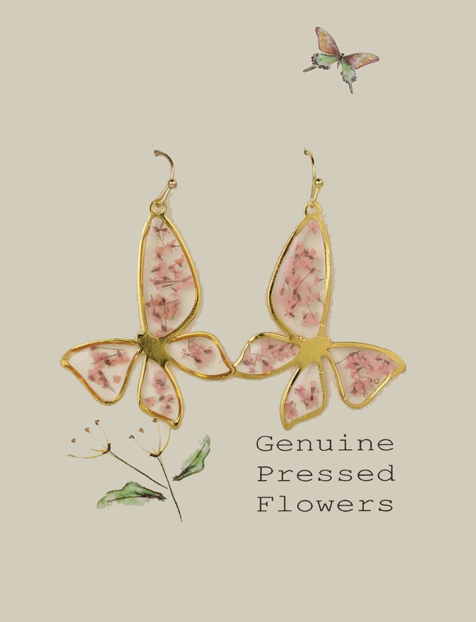 Cottage Butterfly Dried Pink Flower Earrings