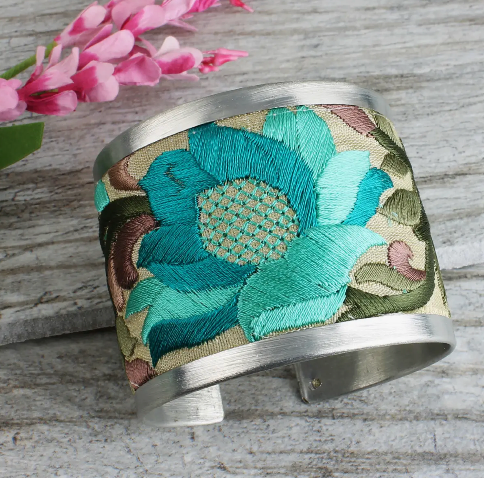 Turquoise Embroidered Floral Silver Cuff