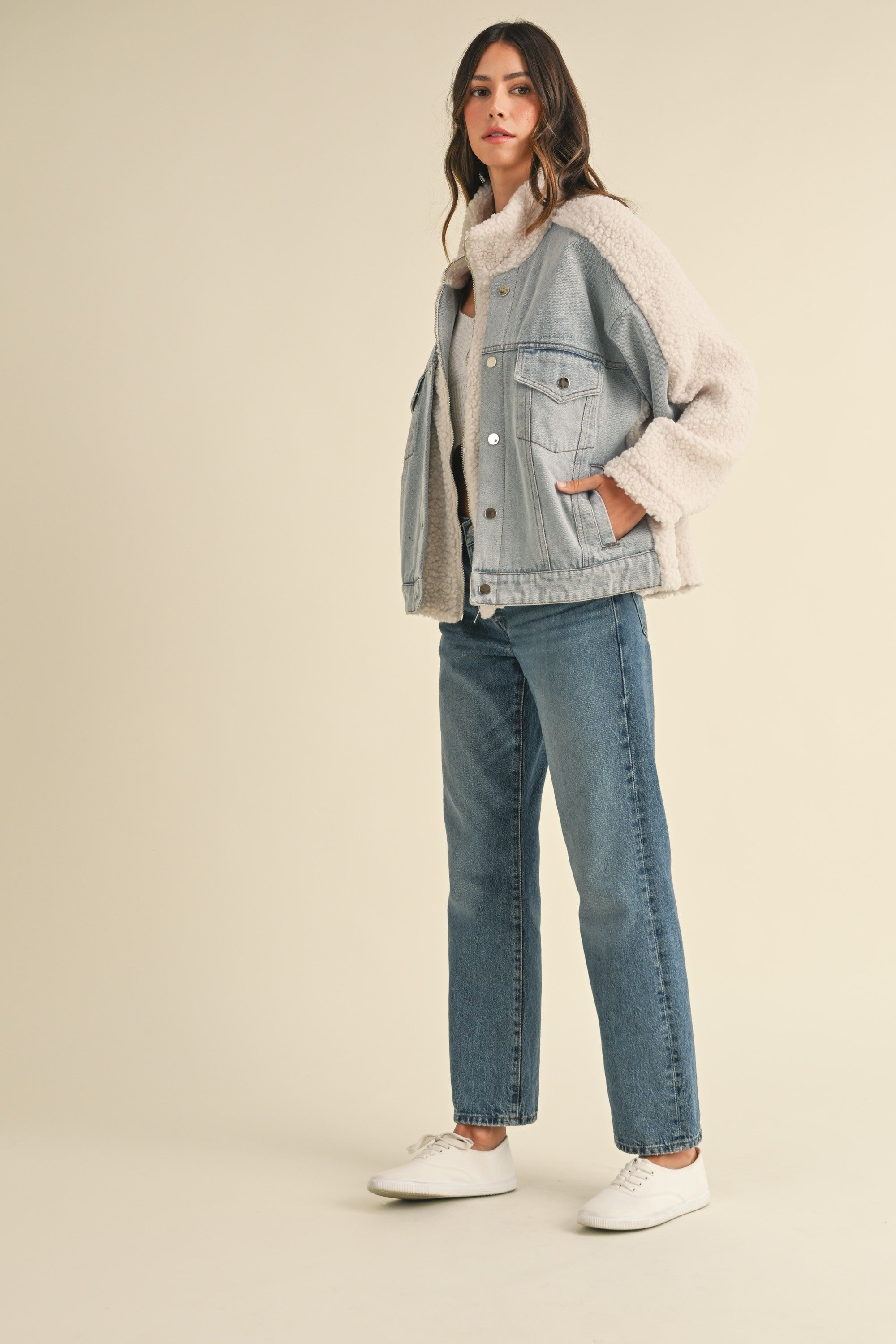 MABLE - FLEECE AND DENIM COMBO OVERSIZED JACKET