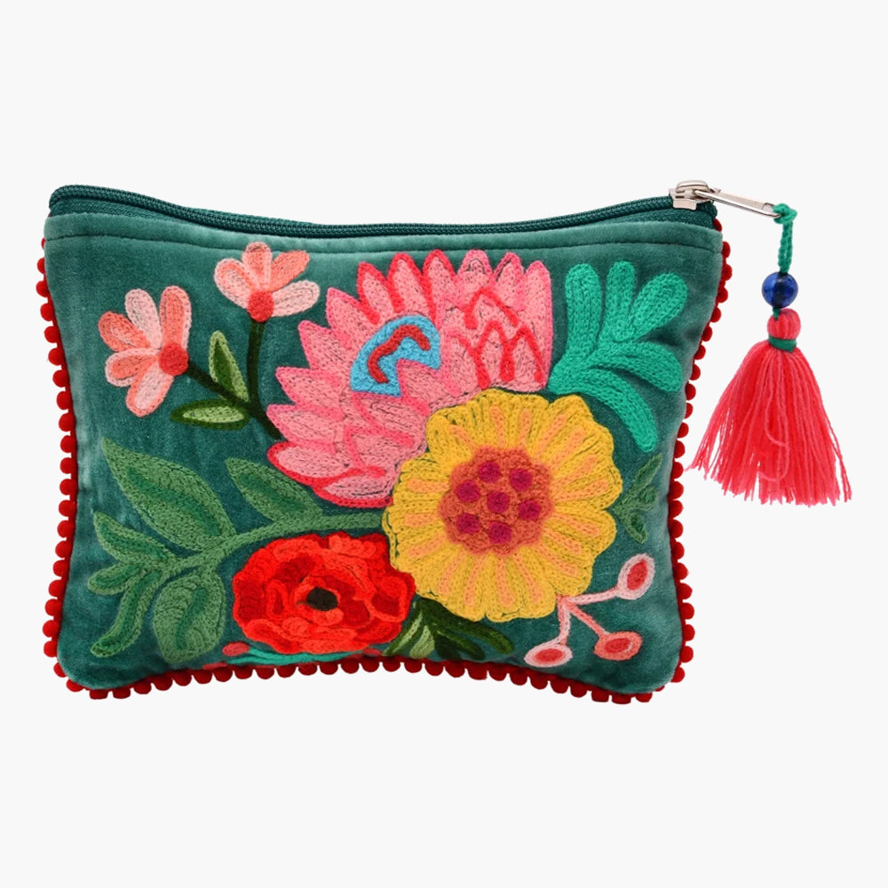 Sea Green Floral Velvet Jewelry Pouch - 6x8